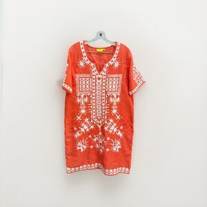 Roberta Roller Rabbit Sweating Orange White Embroidered Linen Tunic Dress Size L
